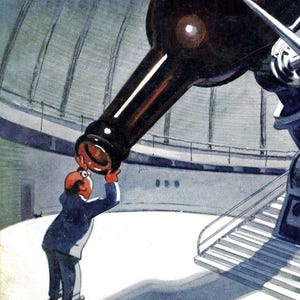 May include: An illustration depicts a man in a blue suit looking through a large, black telescope. The telescope is positioned inside a domed observatory. The artwork has a vintage, cartoon-like style, with a focus on the man and the telescope.