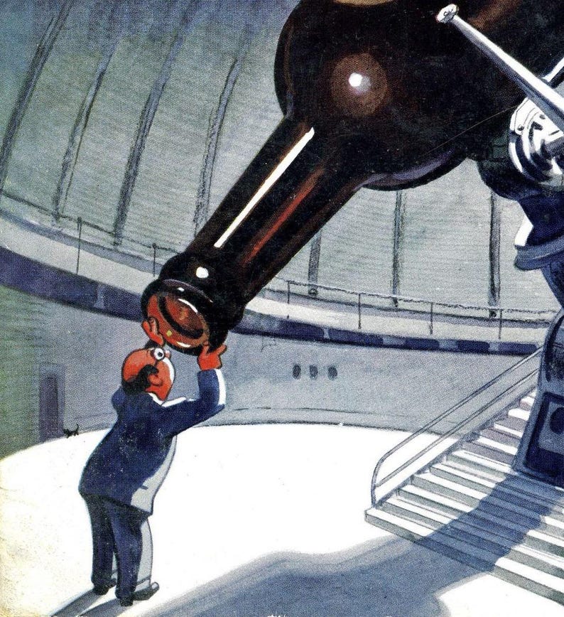 May include: An illustration depicts a man in a blue suit looking through a large, black telescope. The telescope is positioned inside a domed observatory. The artwork has a vintage, cartoon-like style, with a focus on the man and the telescope.