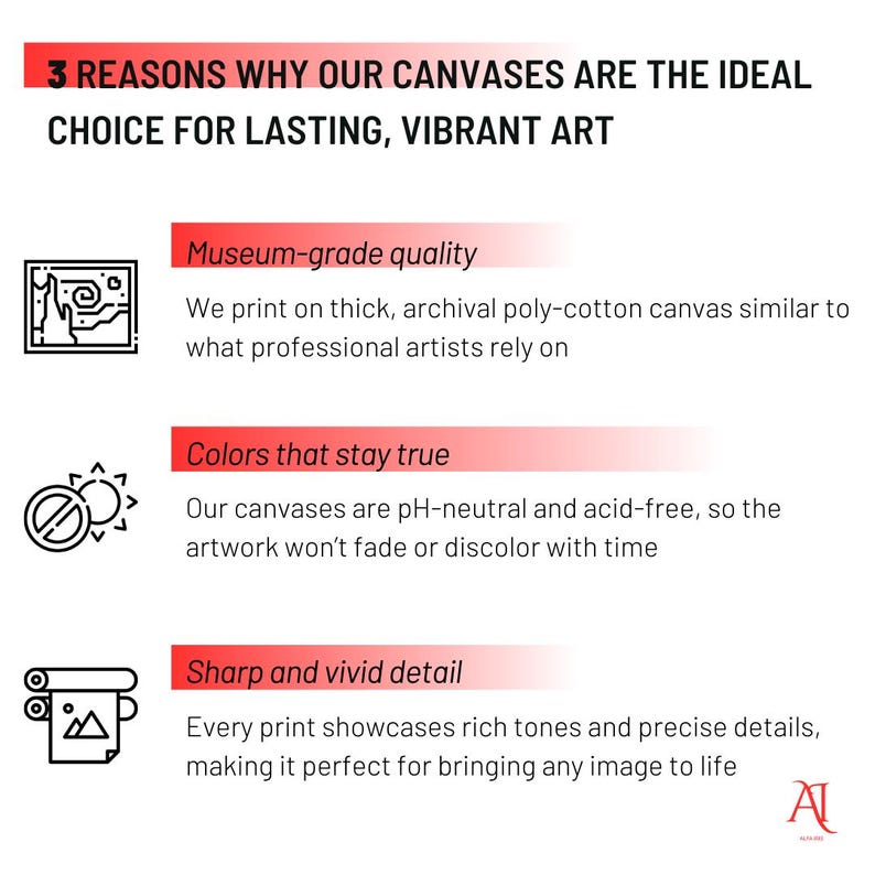 May include: White graphic with the text "3 REASONS WHY OUR CANVASES ARE THE IDEAL CHOICE FOR LASTING, VIBRANT ART." The graphic highlights museum-grade quality, color retention, and sharp detail for canvas art.