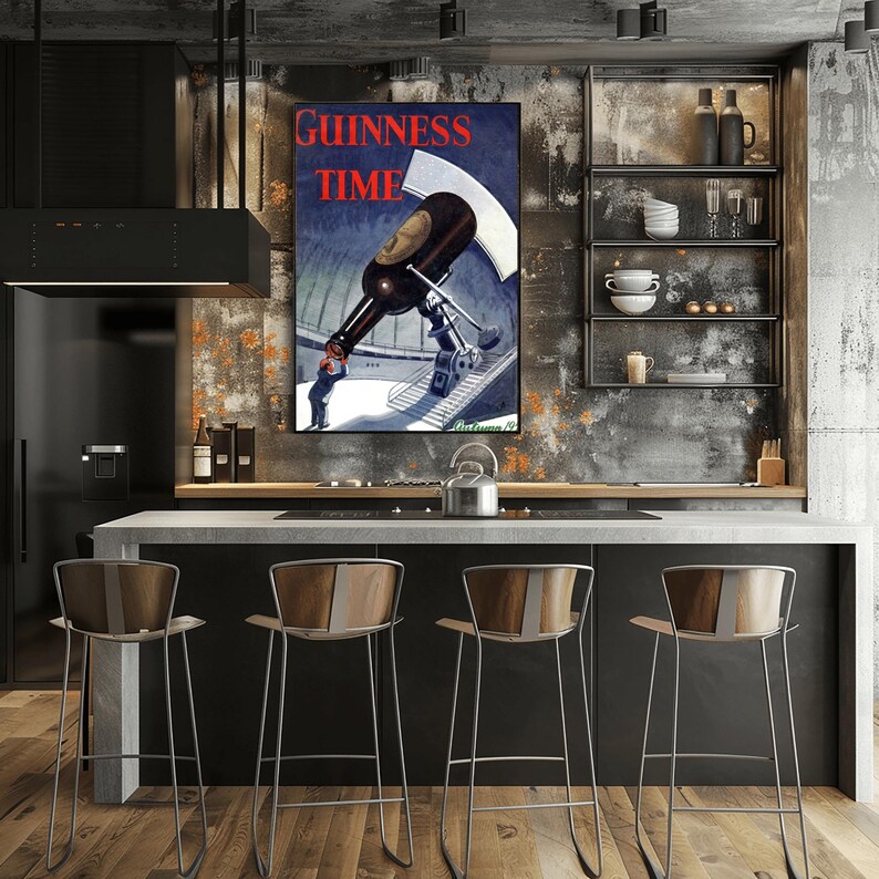 May include: A vintage Guinness Time advertisement poster in a kitchen setting. The poster features a large Guinness bottle being poured, with the text "Guinness Time" in red. The kitchen has a modern industrial design with bar stools.