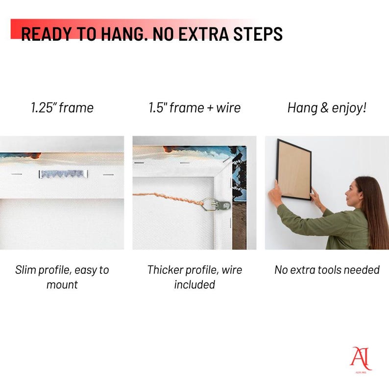 May include: Image showing details of framed artwork, including a 1.25" frame, a 1.5" frame with wire, and a person hanging a framed piece. Text reads "READY TO HANG. NO EXTRA STEPS", "Slim profile, easy to mount", "Thicker profile, wire included", and "No extra tools needed".