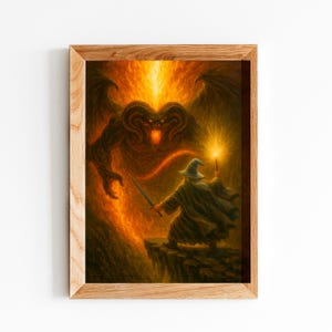 May include: A framed fantasy art print depicts a wizard facing a fiery demon. The wizard, in a gray robe and hat, holds a sword and a glowing staff. The background is a dramatic scene of fire and smoke.
