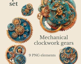 Mechanical clockwork gears clipart set – steampunk gear illustrations, vintage mechanical parts - 9 PNG - digital download