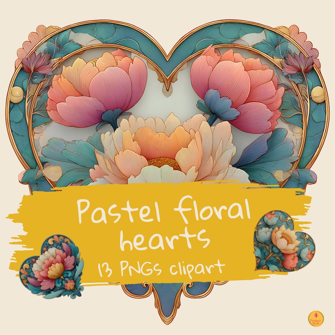 Valentine Hearts Clipart Set - Pastel Floral Ornamental Hearts - 13 PNG ...