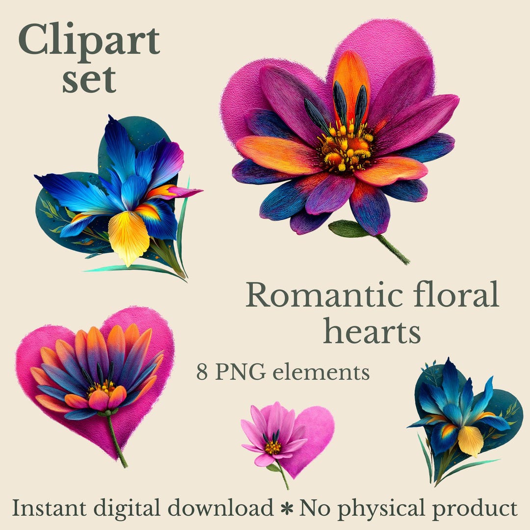Romantic Floral Hearts PNG Clipart Set - Floral Heart Illustrations ...