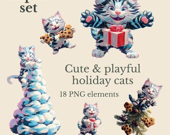 Cute & playful holiday cats clipart set – christmas cats with gifts and trees, festive winter illustrations - 18 PNG - digital download