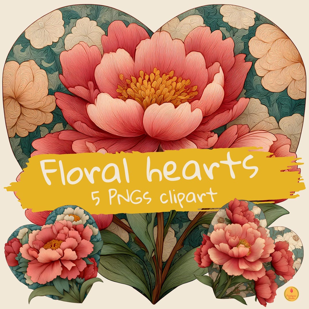 Valentine Hearts Clipart Set - Pastel Floral Romantic Hearts - 5 PNG ...