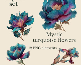 Mystic turquoise bloemen clipart set – fantasie bloemen illustraties, diepblauwe botanische bloemen-12 png-digitale download
