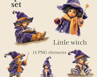 Little witch clipart set – halloween girl illustration - 14 PNG – digital download