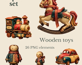 Wooden toys clipart set – retro toys - 26 PNG - digital download