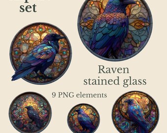 Raven stained glass PNG clipart set – gothic crow illustration, dark mystical bird - 9 PNG - digital download