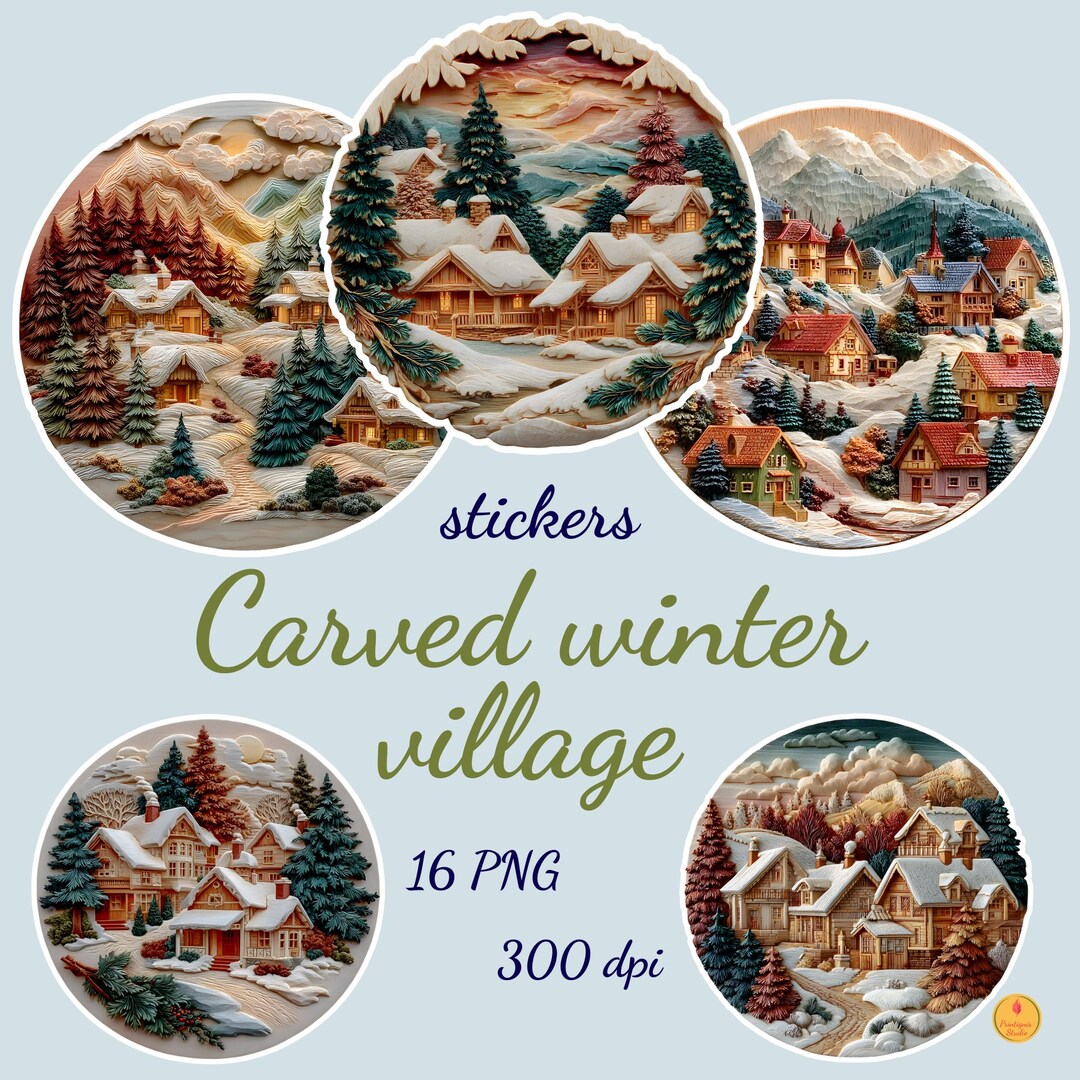 Round Winter Sticker Christmas Printable Stickers - Round Carved Winter Village - 16 PNG ...