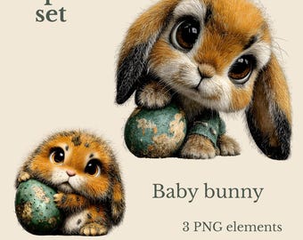 Conjunto de imágenes prediseñadas de conejito bebé: linda ilustración de conejito con huevo, imágenes prediseñadas de animales de primavera - 3 PNG - descarga digital