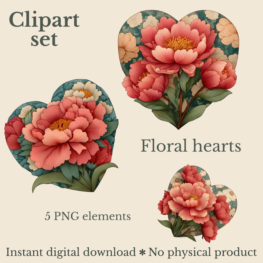 Floral Hearts PNG Clipart Set – Romantic Flower Heart Illustrations - 5 ...