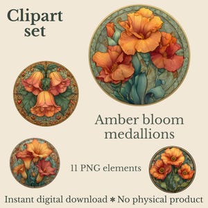 Peut inclure: Ensemble de cliparts avec quatre motifs circulaires représentant des illustrations de fleurs ambrées. Le texte "Clipart set" et "Amber bloom medallions" sont visibles. Le texte "11 PNG elements" et "Instant digital download * No physical product" est également présent.
