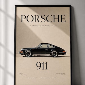 May include: A framed poster featuring a black Porsche 911 car in profile view on a beige background. The text reads PORSCHE, A DESIGN ICON SINCE 1963, 911, 1963 THE BIRTH OF AN ICON, STUTTGART, GERMANY SINCE 1963, and AIR-COOLED FLAT-SIX REAR ENGINE LAYOUT.
