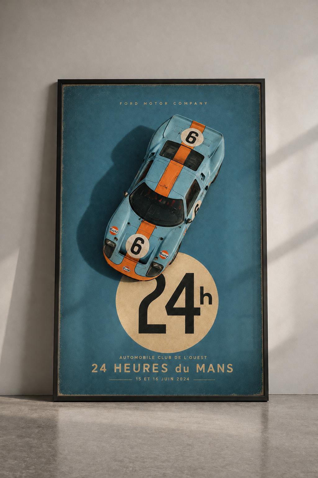 Ford GT40 Le Mans 24h Racing Poster | Vintage Gulf Blue Race Car Wall ...