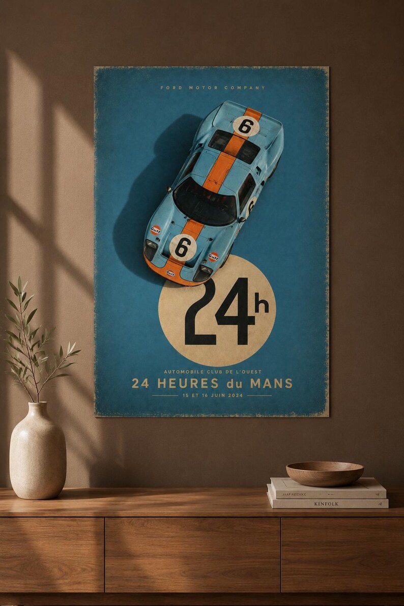 Ford GT40 Le Mans 24h Racing Poster | Vintage Gulf Blue Race Car Wall ...