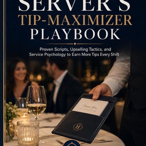 Op de afbeelding: Een boek getiteld The Server's Tip-Maximizer Playbook: Proven Scripts, Upselling Tactics, and Service Psychology to Earn More Tips Every Shift. De omslag heeft een donkerblauwe achtergrond met witte en gouden tekst en een serveergrafiek.