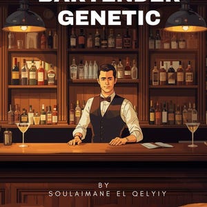 Puede incluir: Ilustración de un barman detrás de una barra, con estantes llenos de botellas de licor en el fondo. El texto "THE BARTENDER GENETIC" está en la parte superior, con "BY SOULAIMANE EL QELYIY" y "WHY BARTENDING IS MORE THAN MIXING DRINKS" en la parte inferior.