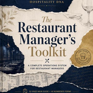 May include: A book titled The Restaurant Manager's Toolkit, A Complete Operations System for Restaurant Managers, featuring a dark blue and cream torn paper design, a wine glass, a restaurant interior, and a 52-page main guide plus 40 numbered forms.