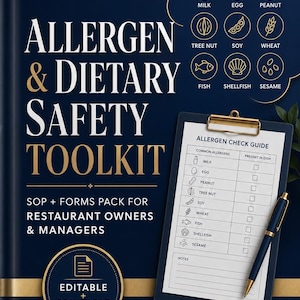 Allergen & Dietary Safety Toolkit, Restaurant Allergy SOP, Food Allergy Chart, Staff Training Cards, Manager Forms