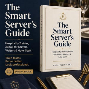 May include: A white hardcover book titled The Smart Server's Guide with a gold crest logo. The book is displayed alongside a navy blue napkin with a gold crest, a gold pen, and a guest check pad on a dark surface, promoting hospitality training.