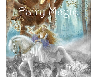 May include: A grayscale coloring book sampler for adults featuring a fairy riding a white horse through a forest. The title of the book is "Fairy Magic". The book includes four images in light and dark grayscale. Illustrations by Ruth Sanderson.