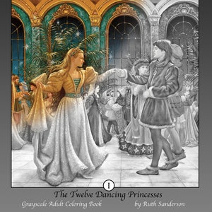 Twelve Dancing Princesses: 36 Grayscale Coloring Pages in PDF format for Instant Download image 1