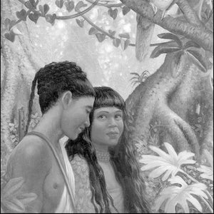 Puede incluir: Una ilustración en blanco y negro de dos personas de pie en un entorno de selva. Las personas se miran y un loro está posado en una rama por encima de ellas.