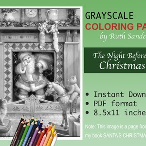 The Night Before Christmas Grayscale Coloring Page for Adults: Instant PDF Download