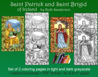 Saint Patrick and Saint Brigid of Ireland: Set of 2 Grayscale Coloring Pages for Instant Download