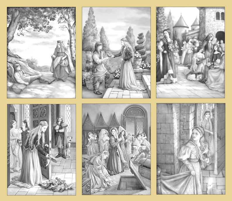 Twelve Dancing Princesses: 36 Grayscale Coloring Pages in PDF format for Instant Download image 2