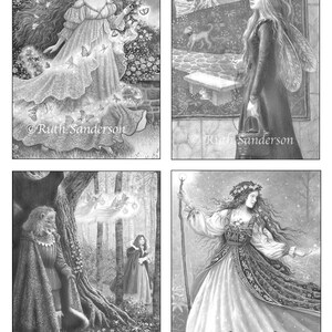 May include: A set of four black and white illustrations featuring women in various settings. The first image shows a woman with long hair and a flowing dress surrounded by butterflies. The second image shows a woman with long hair and a dress standing in a garden. The third image shows a woman with long hair and a dress standing in a forest. The fourth image shows a woman with long hair and a dress standing in a snowy forest.