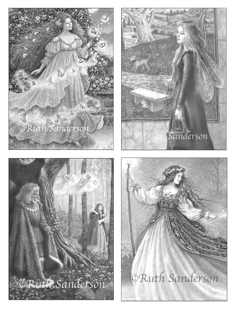 May include: A set of four black and white illustrations featuring women in various settings. The first image shows a woman with long hair and a flowing dress surrounded by butterflies. The second image shows a woman with long hair and a dress standing in a garden. The third image shows a woman with long hair and a dress standing in a forest. The fourth image shows a woman with long hair and a dress standing in a snowy forest.