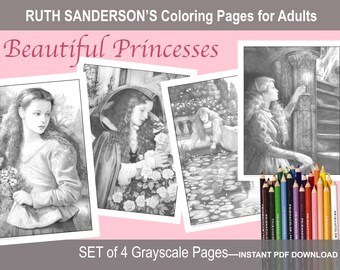 Beautiful Princesses: 4 Coloring Pages for Grayscale Adult Coloring, PDF for Instant Download