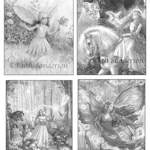 May include: A black and white coloring book page featuring four illustrations of fairies in a forest setting. The fairies are depicted with wings, flowing dresses, and magical elements. The illustrations are detailed and intricate, making them perfect for coloring.