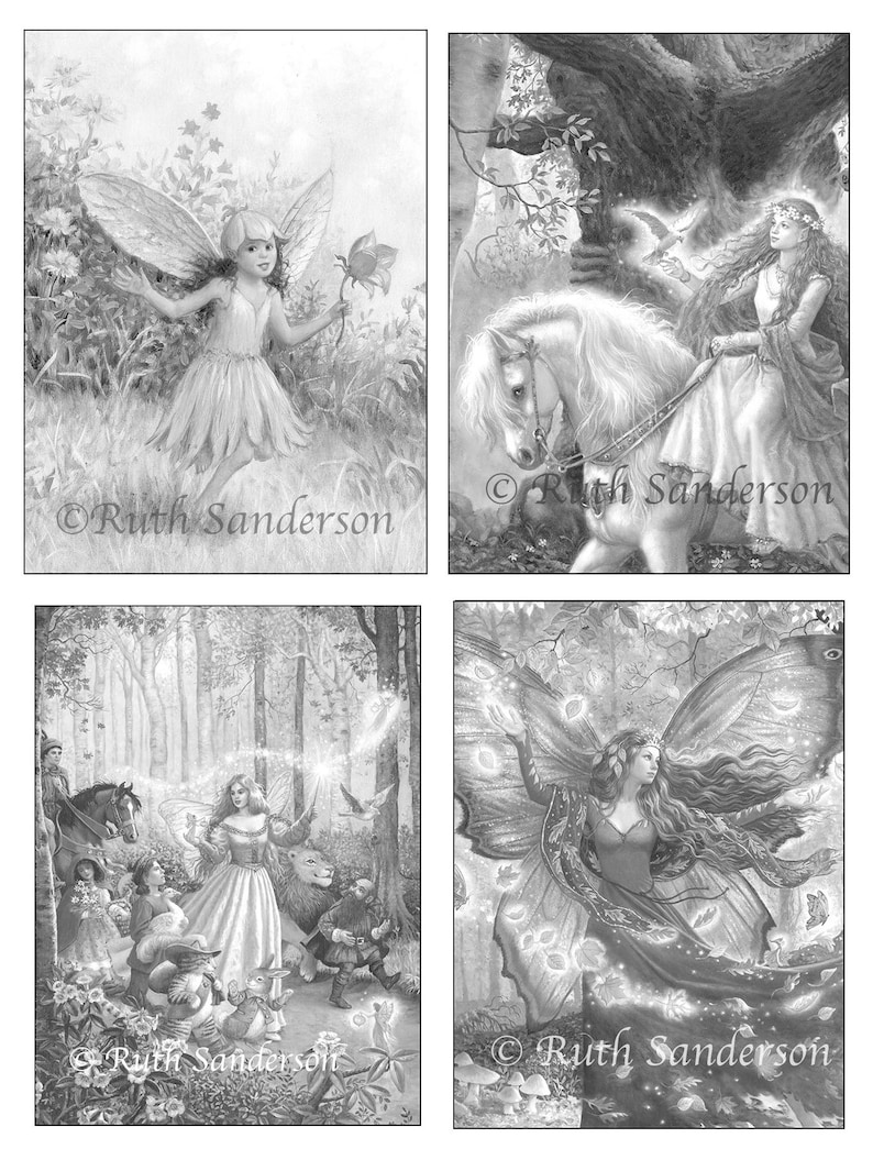 May include: A black and white coloring book page featuring four illustrations of fairies in a forest setting. The fairies are depicted with wings, flowing dresses, and magical elements. The illustrations are detailed and intricate, making them perfect for coloring.