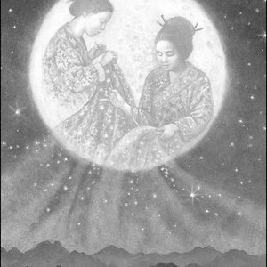 May include: Two women in traditional clothing are sewing a fabric together while standing in front of a large, bright moon. The moon is surrounded by a dark sky with stars.