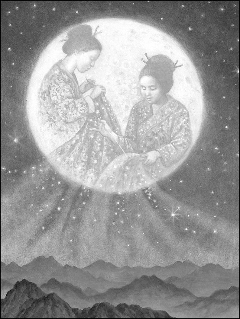 May include: Two women in traditional clothing are sewing a fabric together while standing in front of a large, bright moon. The moon is surrounded by a dark sky with stars.