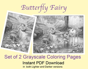 BUTTERFLY FAIRY, set of 2 Grayscale Coloring Pages for Instant Download, including Lighter and Darker versions