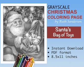 Santa's Bag of Toys, Christmas Grayscale Coloring Page for Adults: Instant PDF Download