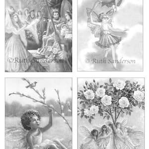 May include: A black and white illustration of four different fairy scenes. The first scene shows a fairy queen with a crown and a scepter, surrounded by other fairies. The second scene shows a fairy flying in the air, holding another fairy. The third scene shows a fairy sitting on the ground, looking up at a willow branch. The fourth scene shows three fairies dancing around a rose bush.