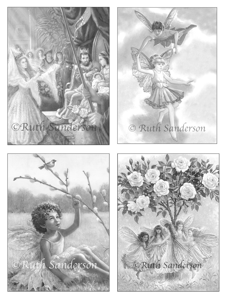 May include: A black and white illustration of four different fairy scenes. The first scene shows a fairy queen with a crown and a scepter, surrounded by other fairies. The second scene shows a fairy flying in the air, holding another fairy. The third scene shows a fairy sitting on the ground, looking up at a willow branch. The fourth scene shows three fairies dancing around a rose bush.