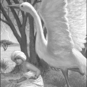 May include: A black and white illustration of a woman in a white turban and dress, kneeling in a grassy field. She is looking up in fear at a large white bird with its wings spread out behind it.