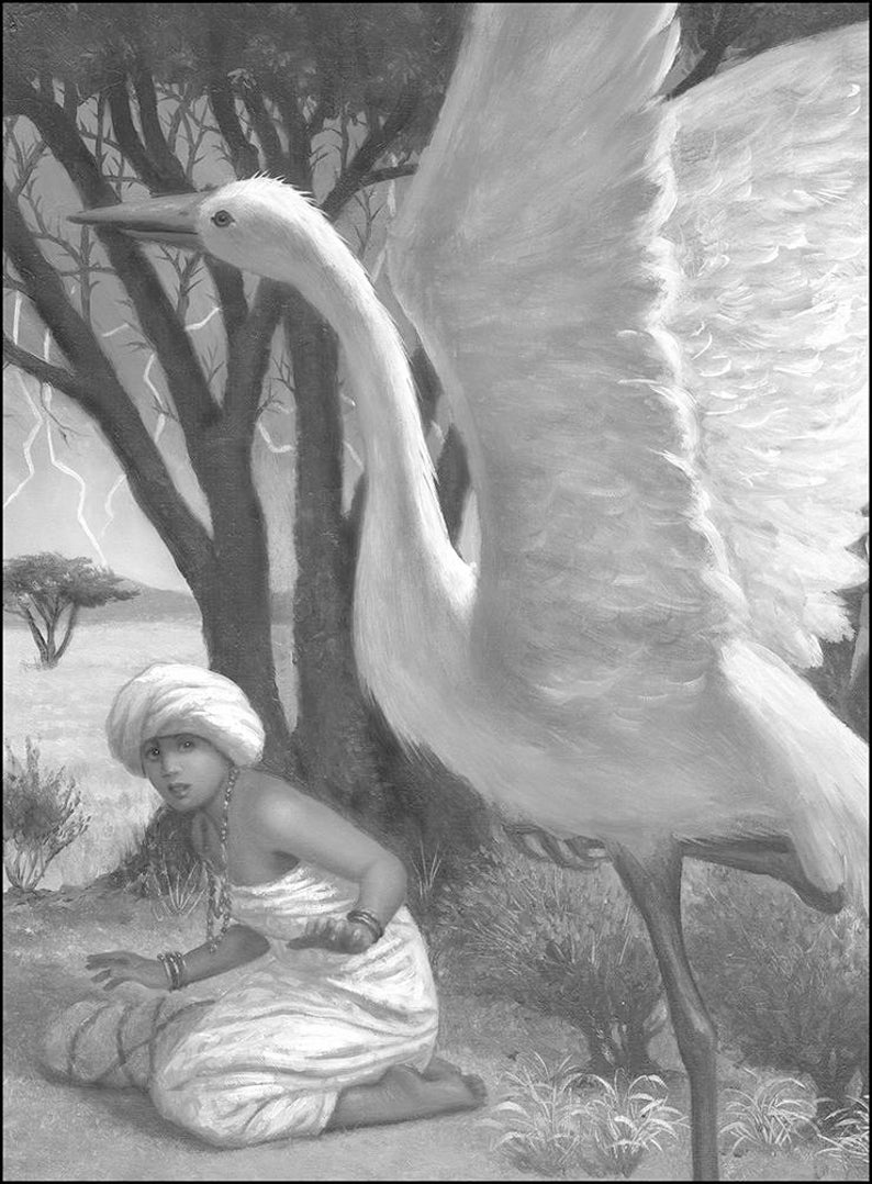 May include: A black and white illustration of a woman in a white turban and dress, kneeling in a grassy field. She is looking up in fear at a large white bird with its wings spread out behind it.