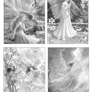 May include: A set of four black and white illustrations featuring fairies with wings. The first image shows a fairy with long hair standing by a waterfall. The second image shows a fairy with long hair standing in a garden. The third image shows two fairies flying in the sky. The fourth image shows a fairy flying in the sky with a bright light behind her.