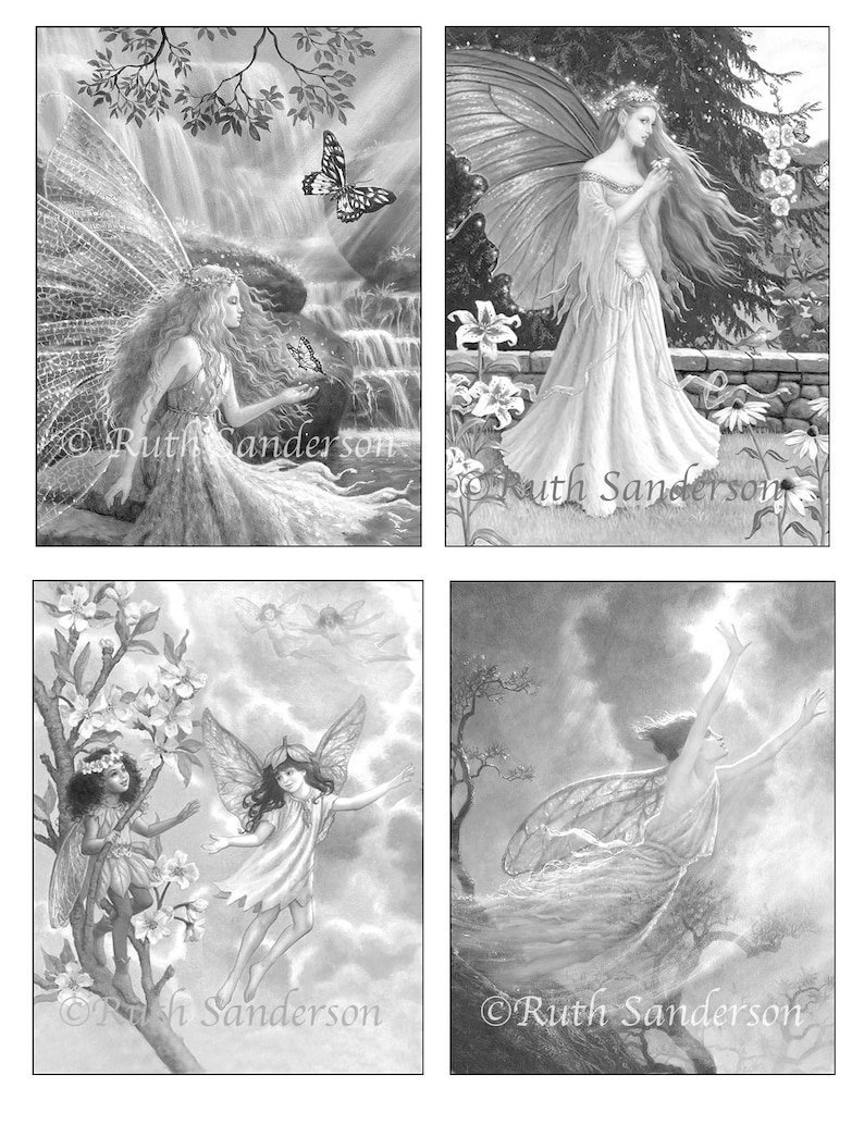 May include: A set of four black and white illustrations featuring fairies with wings. The first image shows a fairy with long hair standing by a waterfall. The second image shows a fairy with long hair standing in a garden. The third image shows two fairies flying in the sky. The fourth image shows a fairy flying in the sky with a bright light behind her.