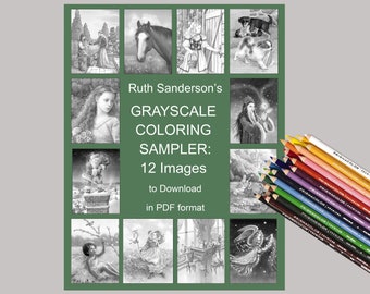 Adult Coloring Grayscale Sampler Pack: 12 Coloring Pages for Instant PDF Download