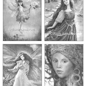 May include: A set of four black and white illustrations featuring fairies and women. The first image shows a fairy with wings holding a white rose. The second image shows a woman with long hair wearing a crown and a long dress. The third image shows a fairy with wings playing a flute. The fourth image shows a woman with a turban and large earrings.